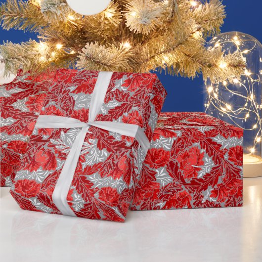 ウィリアム・モリスフローラ、深い・レッドとシルバー・グレー ラッピングペーパー (クリスマス)