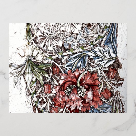 ウィリアム・モリスリースフローラテキスタイル・アートレッド・ブルー 箔シーズンポストカード (正面)