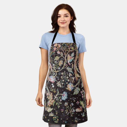 ウィリアム・モリス花園の鳥とウサギ エプロン (着用した状態)