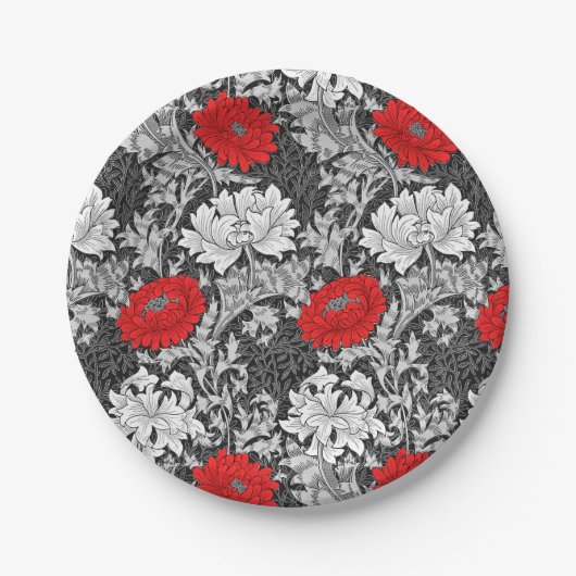 ウィリアム・モリス菊、グレーと赤 ペーパープレート (正面)