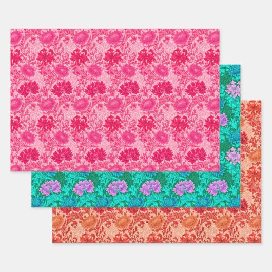 ウィリアム・モリス菊、ピンク、アクア&コーラル ラッピングペーパーシート (セット)