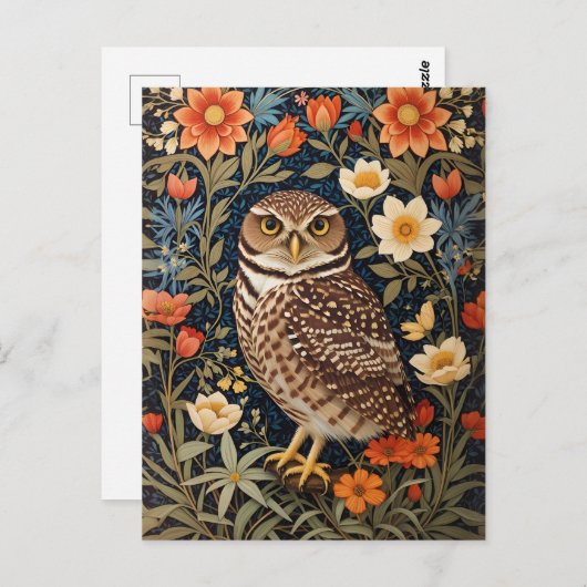 ウィリアム・モリス風の美しいフクロウ インスピレーションを受けたデザイン ポストカード (正面/裏面)