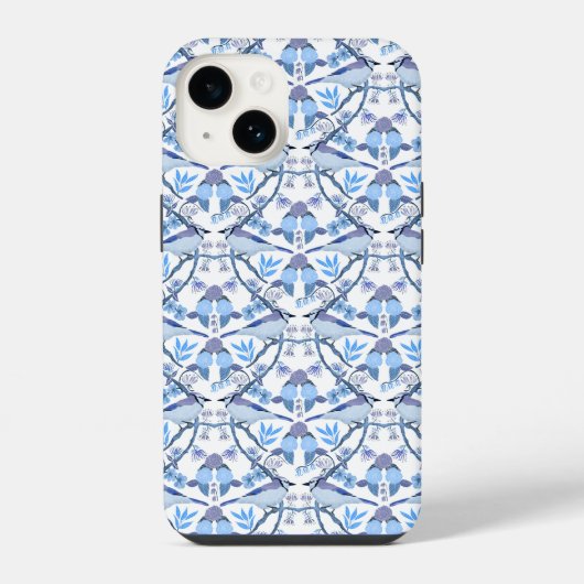 ウィリアム・モリス風 ブルージェイ 植物画 iPhoneケース (裏面)