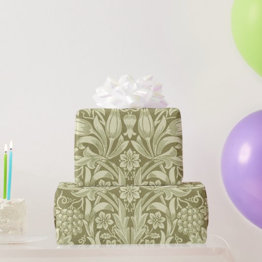 ウィリアム・モリス ひまわり ヴィンテージ オリーブ ダマスク ラッピングペーパー (パーティーギフト)