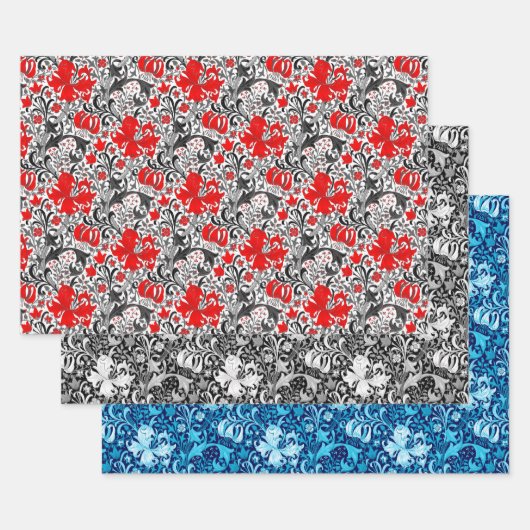 ウィリアム・モリス・アイリスとリリー、レッド、バック、インディゴ ラッピングペーパーシート (セット)
