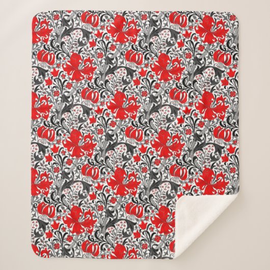 ウィリアム・モリス・アイリスとリリー、黒、白、赤 シェルパブランケット (正面)
