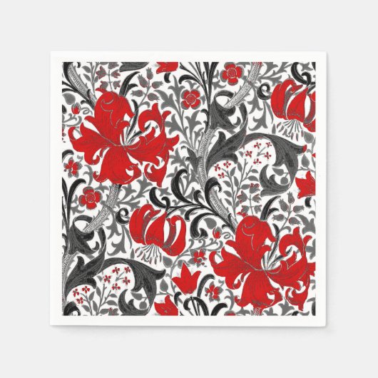 ウィリアム・モリス・アイリスとリリー、黒、白、赤 スタンダードカクテルナプキン (正面)