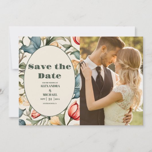 ウィリアム・モリス ウェディング 水彩画 チューリップ フォト セーブザデート (正面)