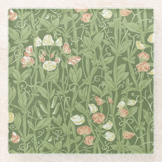 ウィリアム・モリス スイートピー柄 ビンテージ植物画 ガラスコースター (正面)