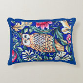 ウィリアム・モリス・フクロウ・タペストリー、ベージュ、コバルトブルー アクセントクッション (正面)