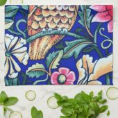 ウィリアム・モリス・フクロウ・タペストリー、ベージュ、コバルトブルー キッチンタオル (折り畳み)