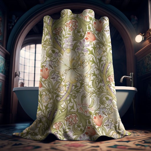 ウィリアム・モリス・リリーアールヌーボーフローラル模様ショウ シャワーカーテン