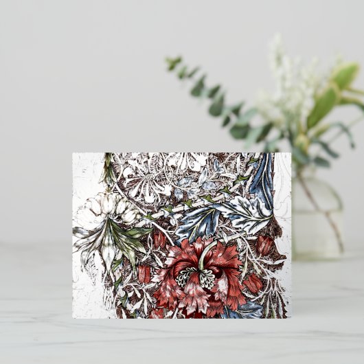 ウィリアム・モリス 花環のテキスタイルアート 赤と青 箔シーズンポストカード (立ち正面)