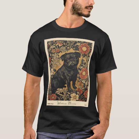 ウィリアム・モリス 黒パグ 花柄 Tシャツ (正面)