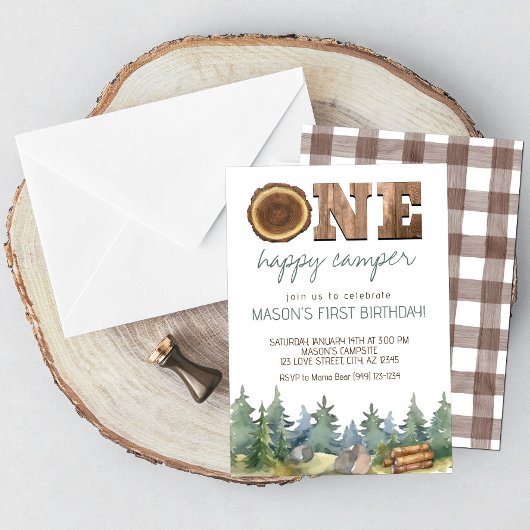 ウィルダネスワンハッピーキャンパー少年の1歳の誕生日 招待状