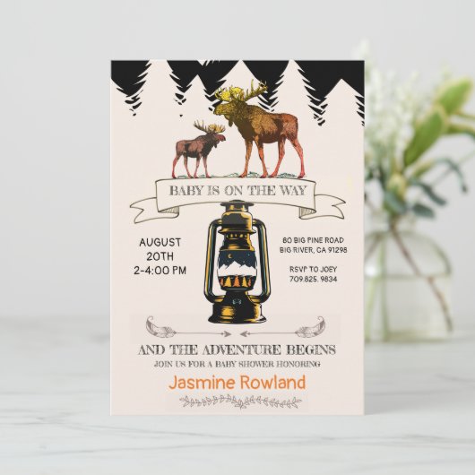 ウィルダネス素朴ムース男の赤ちゃんシャワー 招待状 (スタンド正面)