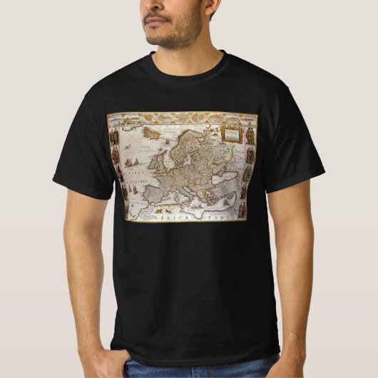 ウィレム・ヤンス・ブレーの1617年頃のヨーロッパ古地図 Tシャツ (正面)