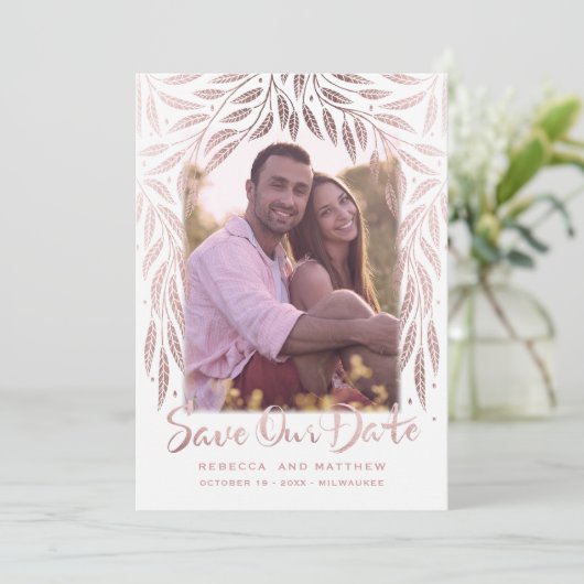 『ウィローの下2』写真を使った結婚式の出欠確認カード セーブザデート (スタンド正面)