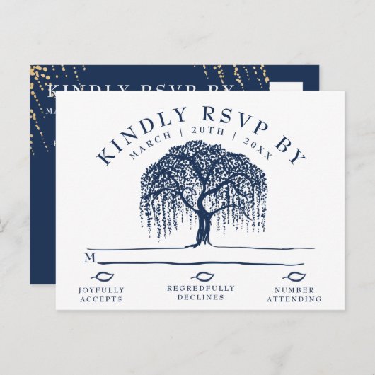ウィローモダンツリーネイビーブルーウェディングRSVPポストカード インビテーションポストカード (正面/裏面)