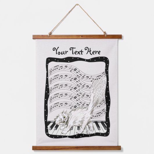 ウィンキングキャットオンピアノ鍵バー音符フレーム 吊り下げ型タペストリー (正面)