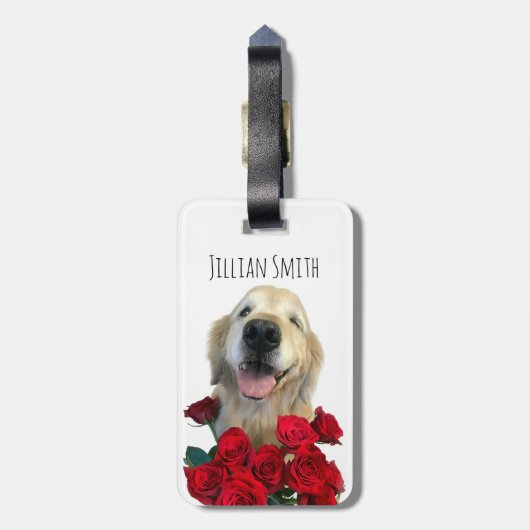 ウィンキングゴールデンレトリバーとバラ パーソナライズされた ラゲッジタグ (裏面縦)