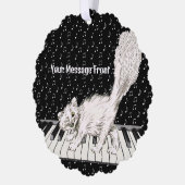 ウィンキングホワイトキャット歩くオンピアノミュージックノート オーナメントカード (左)