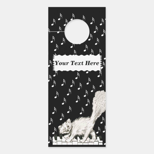 ウィンキングホワイトキャット歩くオンピアノミュージックノート ドアノブサイン (正面)