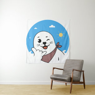 ウィンクするアザラシのバンダナ姿がシャカサイン タペストリー