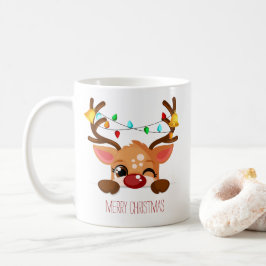ウィンクするキュートなルドルフ・トナカイとクリスマスイルミネーション コーヒーマグカップ