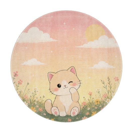 ウィンクするキュートな子猫 野花の草原 パステルカラー カッティングボード (正面)