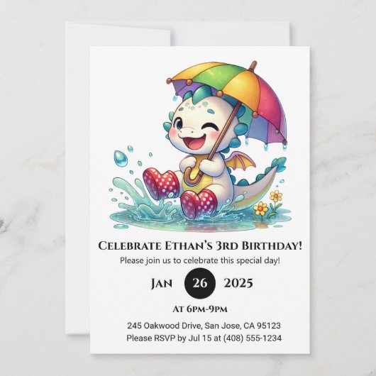 ウィンクするベビードラゴンと傘の誕生日 招待状 (正面)