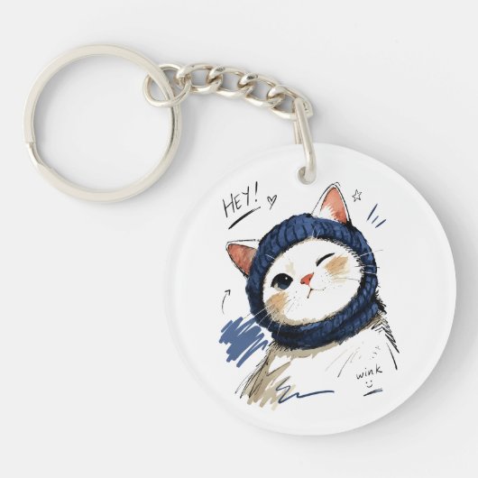 ウィンクする猫のふわふわニットマフラー キーホルダー (正面)