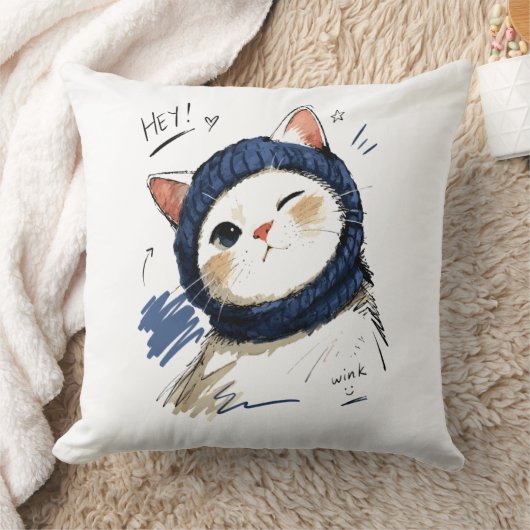 ウィンクする猫のふわふわニットマフラー クッション (ブランケット)