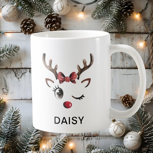 ウィンクする赤いリボンのトナカイ クリスマス 名前入り コーヒーマグカップ