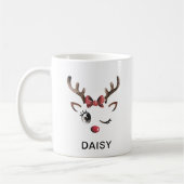ウィンクする赤いリボンのトナカイ クリスマス 名前入り コーヒーマグカップ (左)