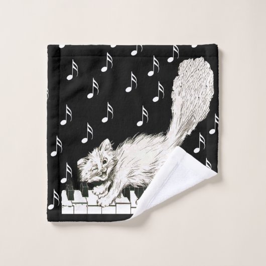 ウィンクフワフワフワイホワイトキャット歩くオンピアノ鍵 ウォッシュタオル (ウォッシュタオル)