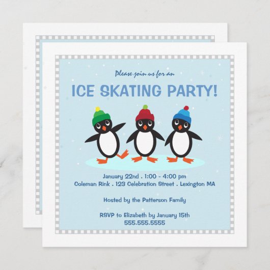 ウィンクールターペンギン氷スケートで滑るパーティの招待状 招待状 (正面/裏面)