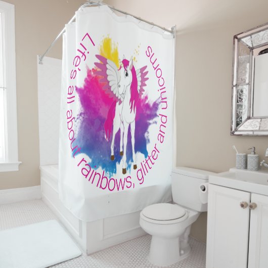 ウィングユニコーンパーティー水彩テーマ シャワーカーテン (インサイチュ)