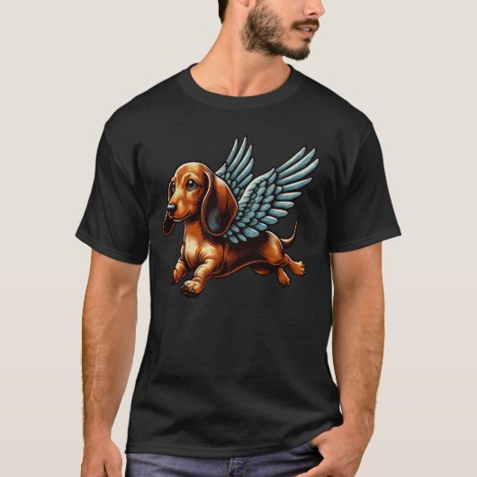 ウィング付きダシュントレトロアートワーク翼のある犬 Tシャツ (正面)