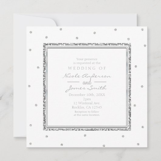 ウィンタウェディング グラム シルバー&ホワイト ドット パーティー 招待状 (正面)