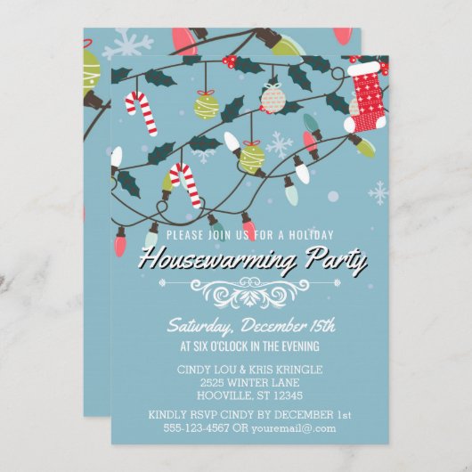 ウィンターお洒落ホリデーブルー引っ越し祝いパーティーパーティー 招待状 (正面/裏面)