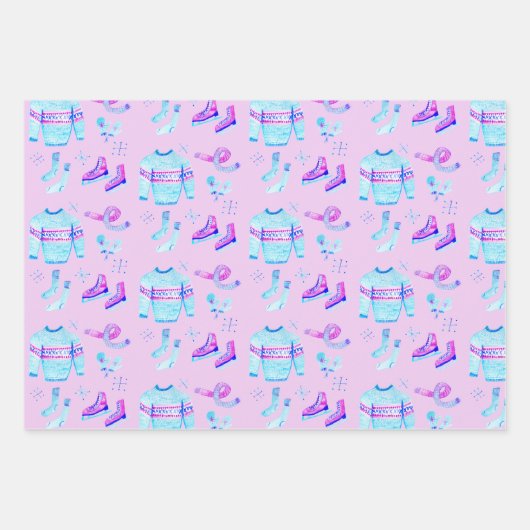 ウィンターアイススケートで滑るコージーウォーターカラーホリデーギフト ラッピングペーパーシート (正面3)