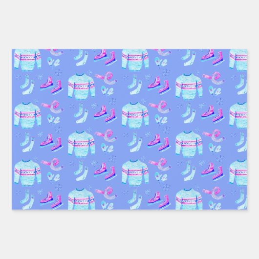 ウィンターアイススケートで滑るコージーウォーターカラーホリデーギフト ラッピングペーパーシート (正面2)