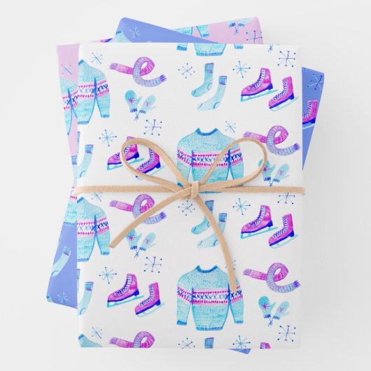 ウィンターアイススケートで滑るコージーウォーターカラーホリデーギフト ラッピングペーパーシート (インサイチュ)