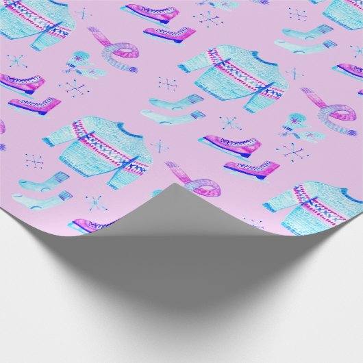 ウィンターアイススケートで滑るコージーウォーターカラーホリデーギフト ラッピングペーパー (角)