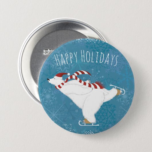 ウィンターアイススケートで滑るポーラベアボタン 缶バッジ (正面&裏面)