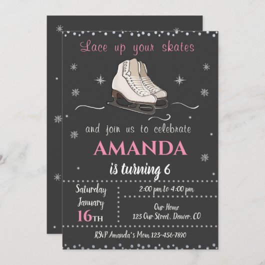 ウィンターアイススケートで滑る誕生日の招待状ガール招待状 招待状 (正面/裏面)