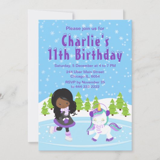 ウィンターアイススケートで滑る誕生日アフリカンアメリカンガール 招待状 (正面)
