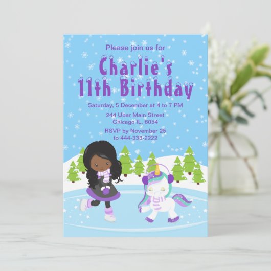 ウィンターアイススケートで滑る誕生日アフリカンアメリカンガール 招待状 (スタンド正面)