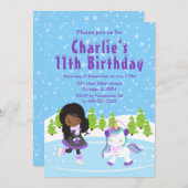 ウィンターアイススケートで滑る誕生日アフリカンアメリカンガール 招待状 (正面/裏面)